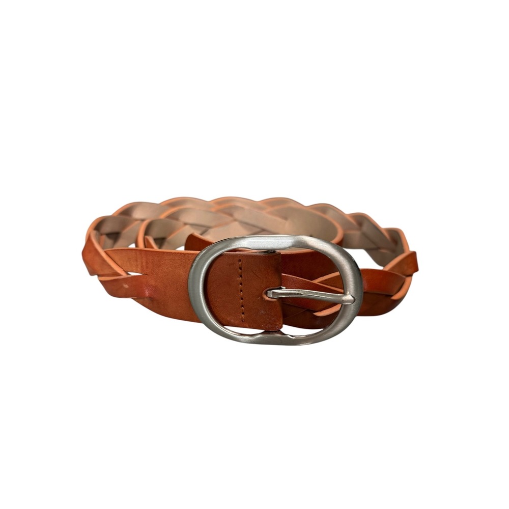 Express Womens Cognac Brown Braided Woven Belt Silver Oval Buckle Size M 13150